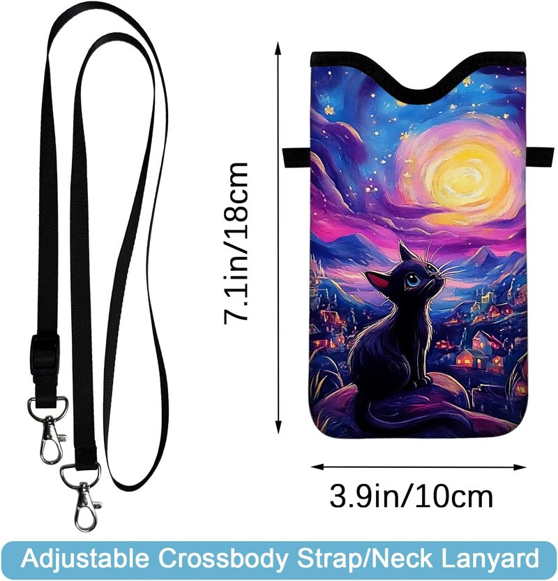 otilil Neoprene Cell Phone Sleeve Pouch Case Bag with Crossbody Strap Neck Lanyard for Women 7.1 X 3.9 in Cat Sky - Image 2